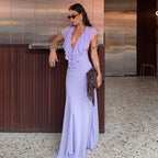 Resort V Neck Layered Ruffle Tie Up