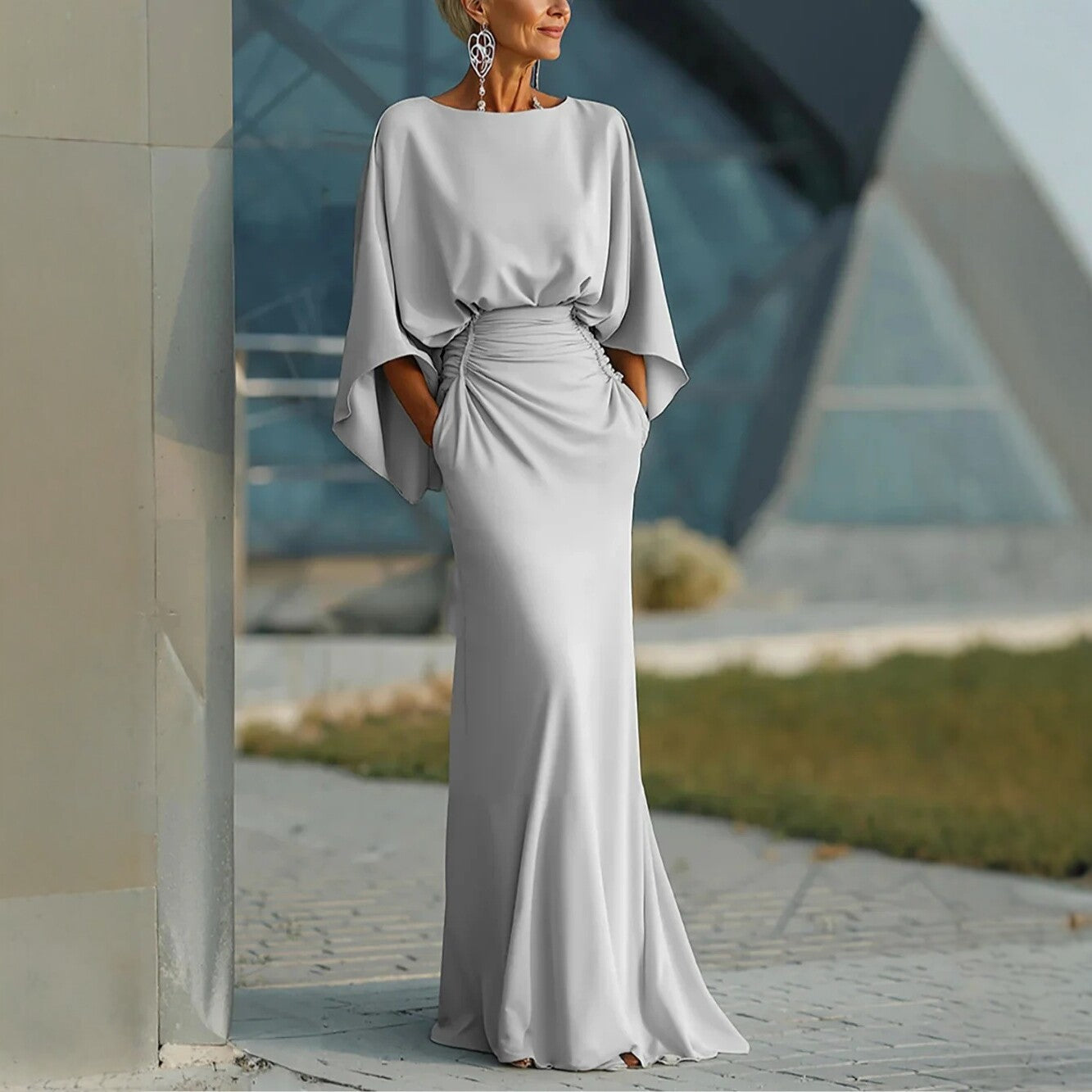 V-neck Waist Trimming Ruffles Elegant Dress