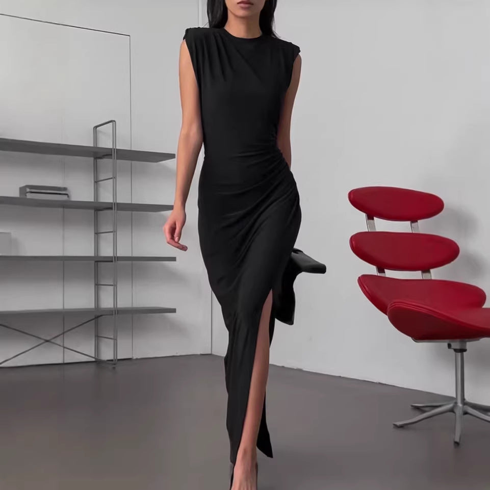 Spring Designer Crew Neck Defined Waist Dress