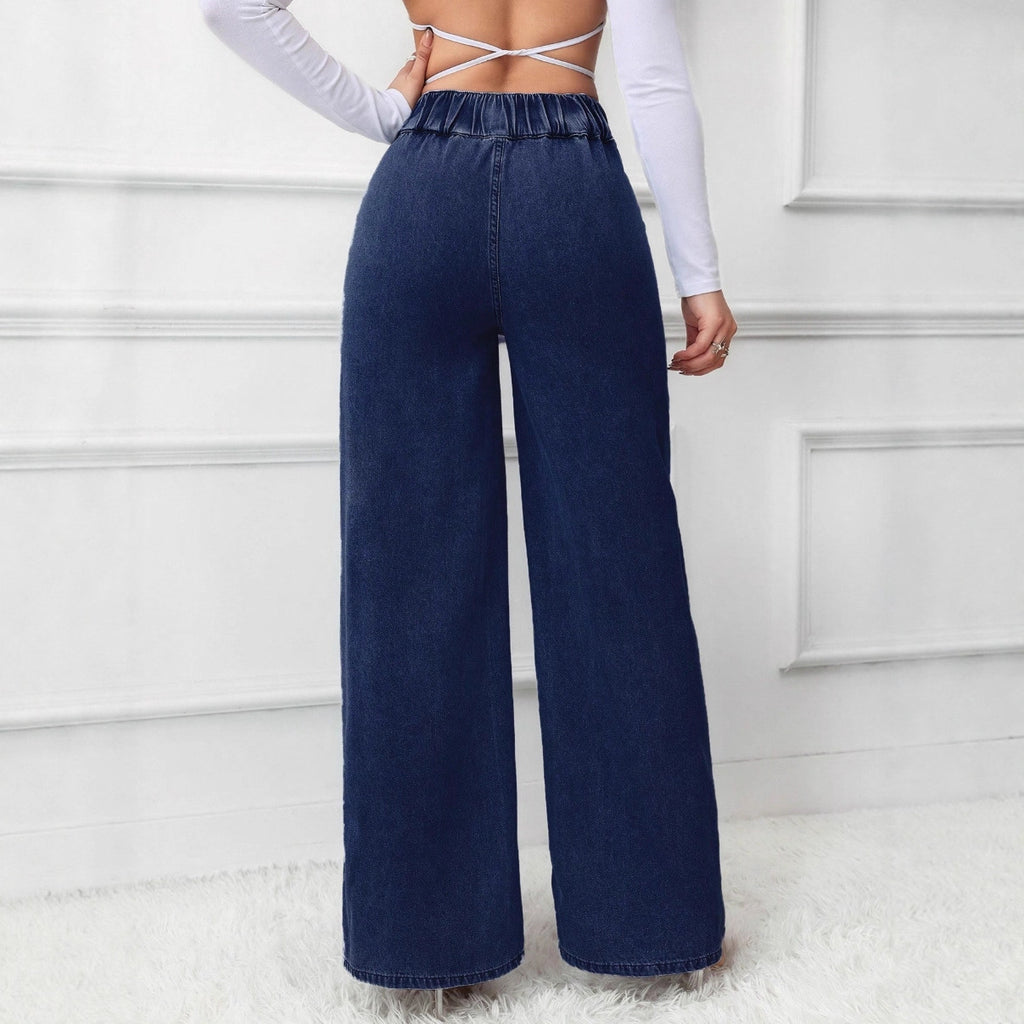 Women's Retro Deep Blue High Waist Wide Leg Jeans