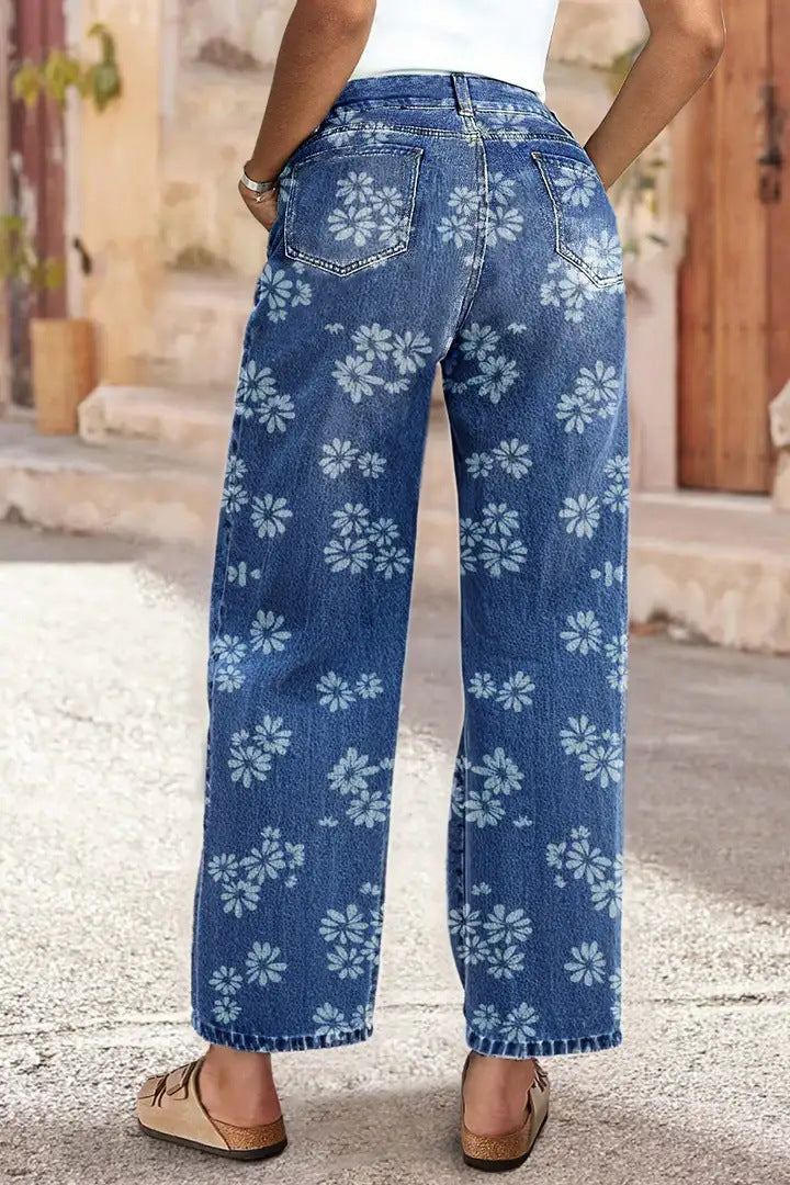 Women's High Waist Straight Leg Vintage Floral Jeans