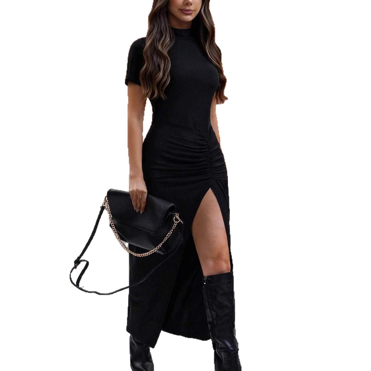 Womens Solid-Colored Short-Sleeve Mock Neck Pleated Slit Dress