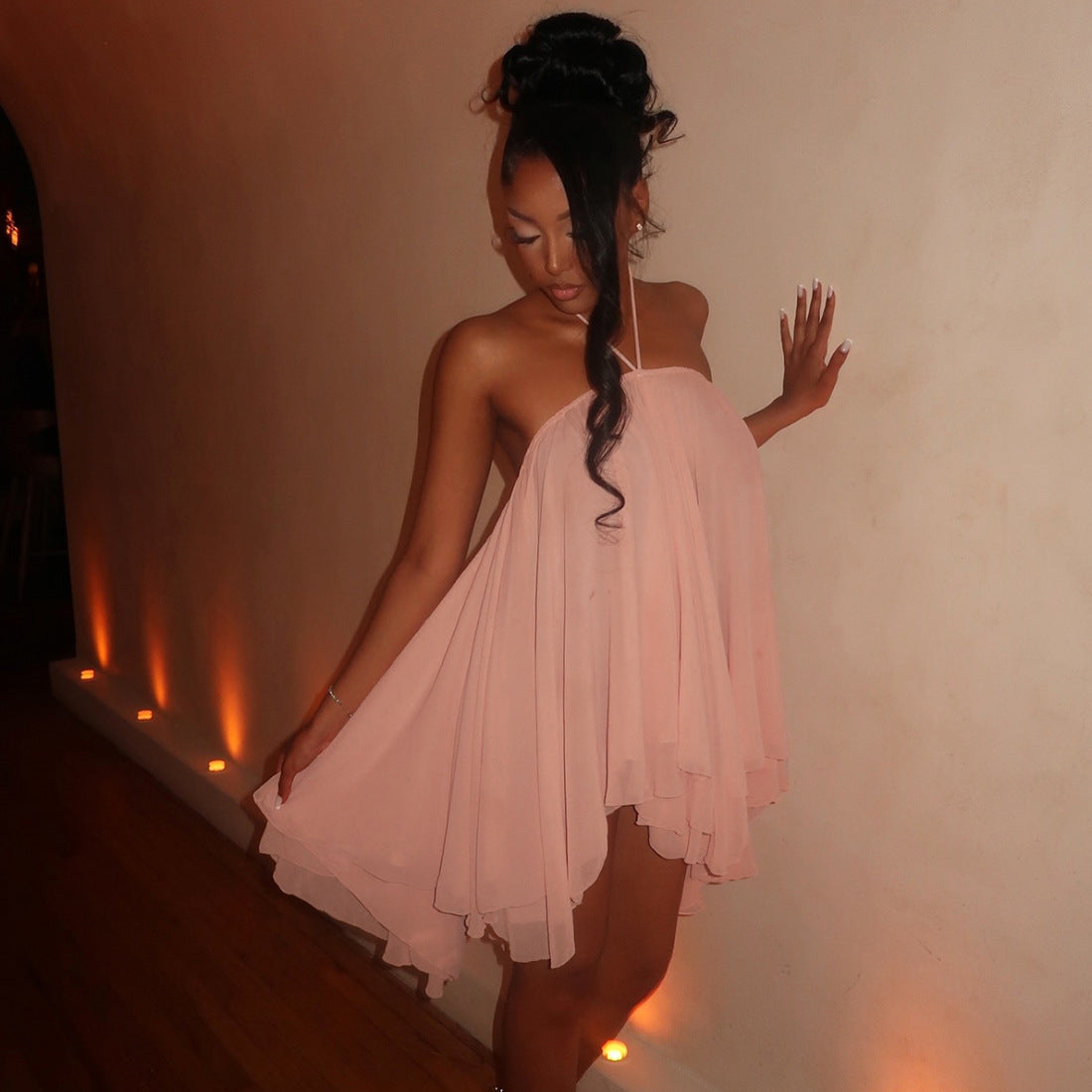 Womens Holiday Halterneck Lace-Up Backless Short Dress