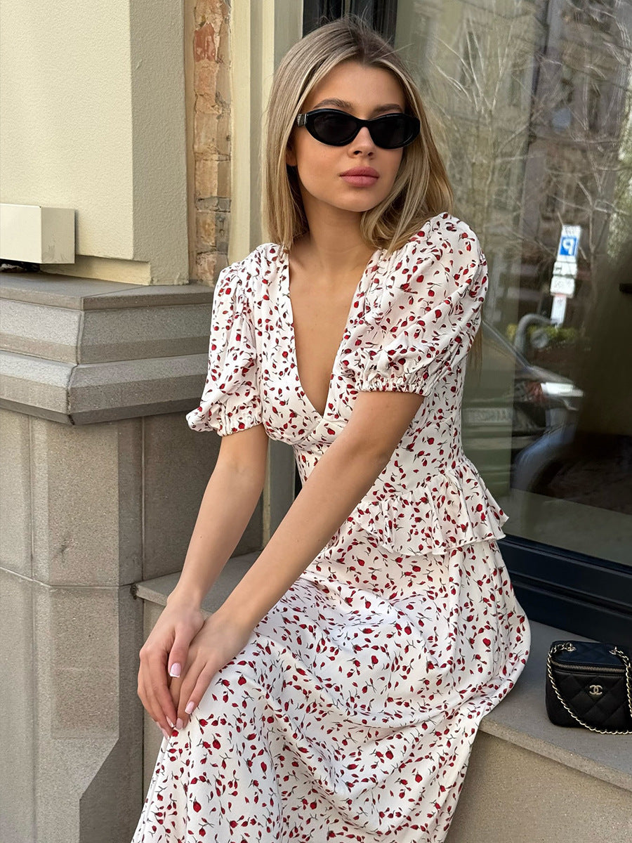 Printed Waist Cinching Puff Sleeve Dress