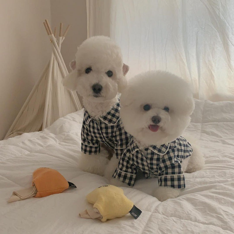 Korea Plaid Khaki Blue Pocket Pajamas For