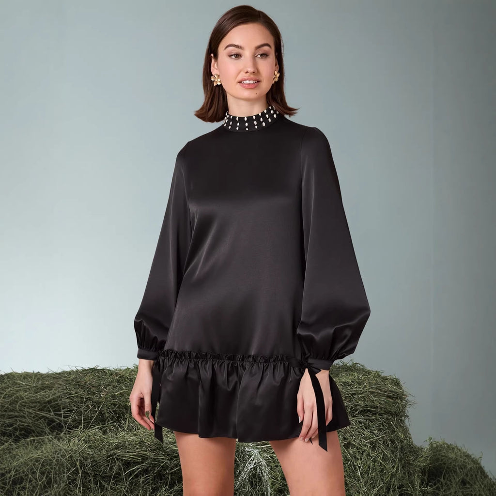 Solid-color Satin Dress With Intricate Pearl Detailing At The Neckline