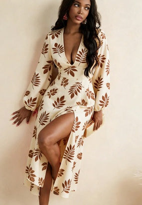 French Retro Style Deep V Puff Sleeve