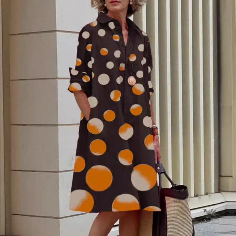 Elegant Polka Dot Printed Shirt Collar Mid