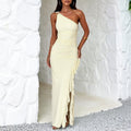 Womens Slant Shoulder Ruffle Front Split Dress