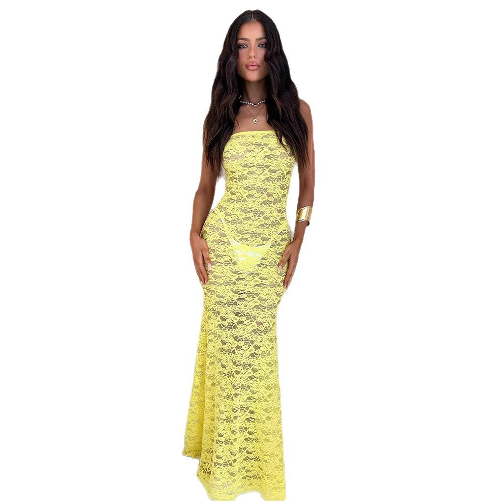 Lace Spliced Strap Backless Long Tube Dress