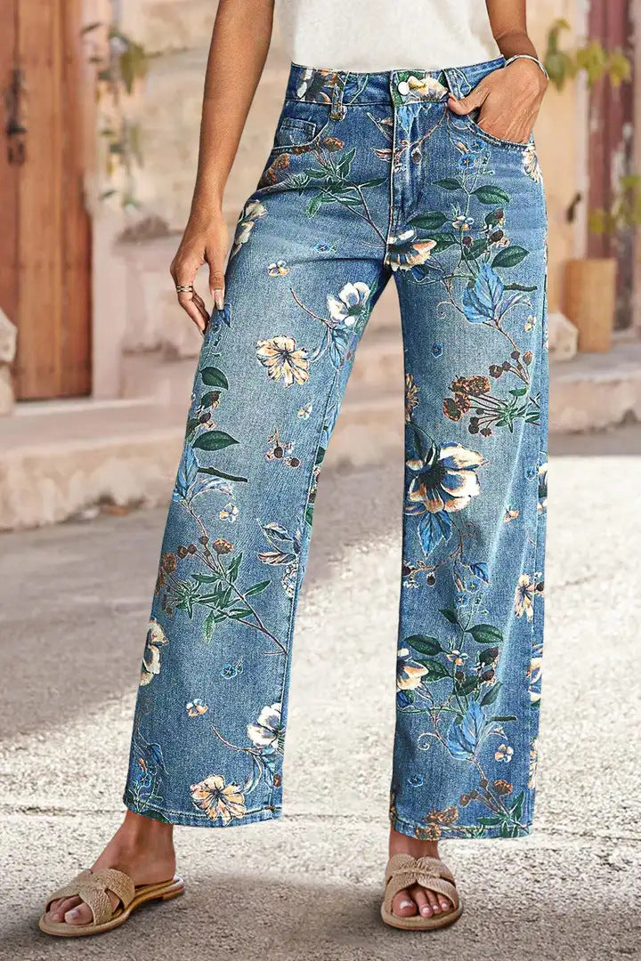 Women's High Waist Straight Leg Vintage Floral Jeans