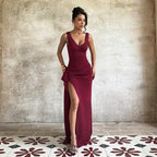 Chest Flattering V Neck Split Evening Gown