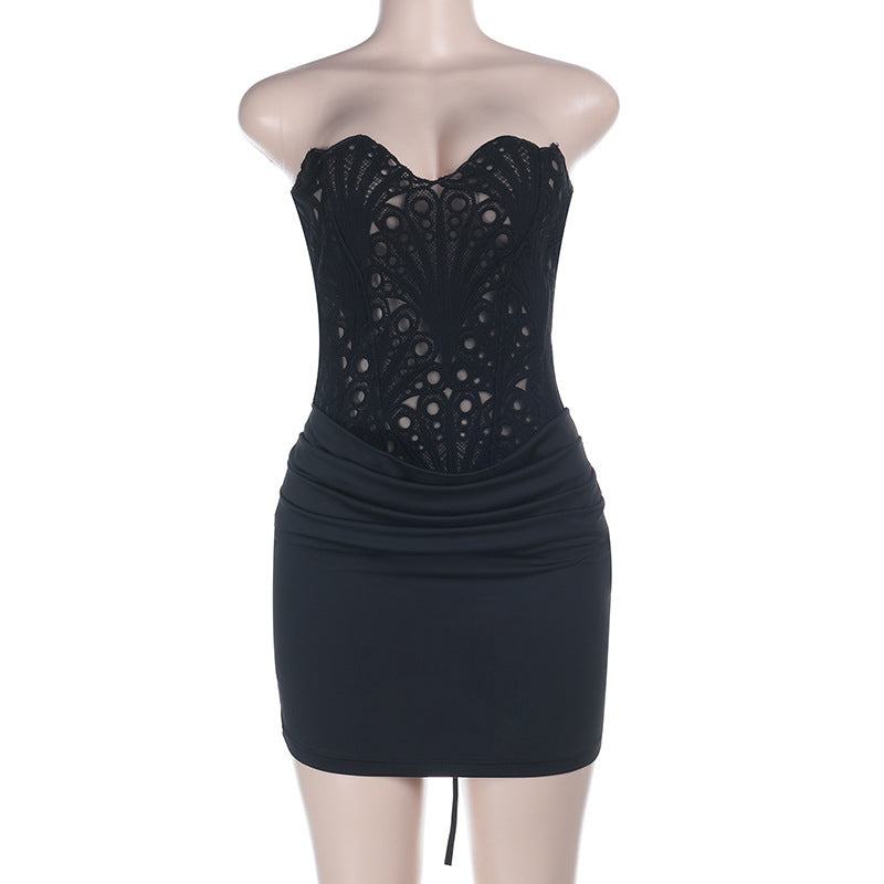 Slim Fit Strapless Hollow Out Lace Dress