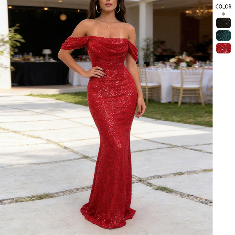 Womens Sequin Off Shoulder Split Dress