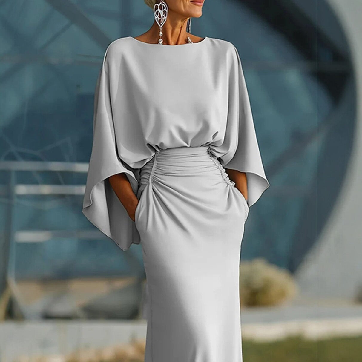 V-neck Waist Trimming Ruffles Elegant Dress